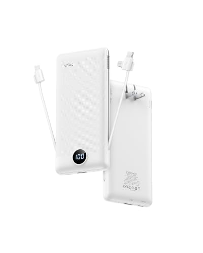 VRURC 3-in-1 Portable Charger, Built-in Cord & Foldable Wall AC Plug-White