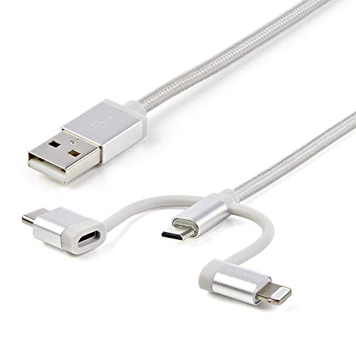 StarTech.com USB Multi Charging Cable - 3.3 ft / 1m - Lightning / USB-C / Micro-USB - Braided - MFi Certified - USB 2.0 - 3 in 1 Charging (LTCUB1MGR) Silver - style: 8-pin lightning|micro-USB|USB-C