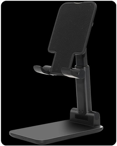 SIMPLYMDRN Foldable Cellphone Stand for Desk, Portable Desktop Cellphone Stand Holder, Height Angle Adjustable Phone Holder Compatible with iPhone 15 14 Pro Max Plus, 13 12 Pro Max Mini, 11, Black