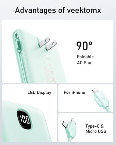 VEEKTOMX 10000mAh Portable Charger with Built-in Cables & Wall Plug - color: Cyan