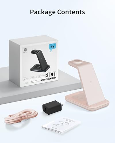 Charging Station for Apple Wireless Charger: 3 in 1 Phone Charger Stand for iPhone 17 16 15 14 13 12 11 SE X Pro Max Plus - Apple Watch Ultra 11 10 9 8 SE 7 6 5 4 3 - Air-Pods 2 3 Pro - color: Pink