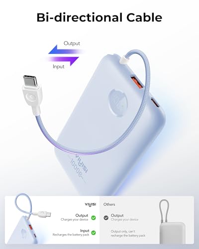 VIYISI Ultra Slim Portable Charger Small 10000mah with Built-in USB C Cable - color: Blue
