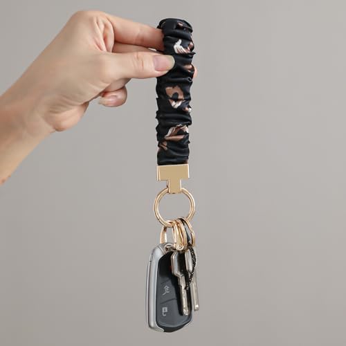 Blue Floral Scrunchie Wristlet Keychain– Tarnish-Resistant Key Ring - color: Black(1)
