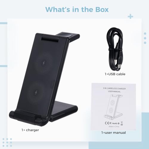3 in 1 Charging Station for Phone Smartwatch and Earbuds, 15 W Fast Wireless Charger Stand, Foldable and Portable Dock for Multiple Devices, Compatible with Qi-Enabled Smartphones