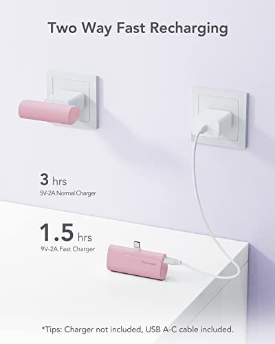 charmast Mini Portable Charger USB-C Connector, 5000mAh Small Power Bank - color: Pink