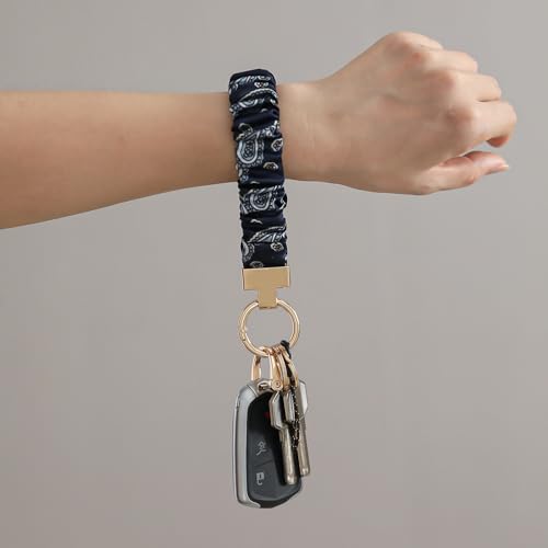 Blue Floral Scrunchie Wristlet Keychain– Tarnish-Resistant Key Ring - color: Navy Blue