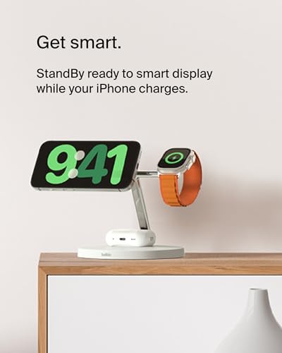Belkin MagSafe 3 in 1 Wireless Charging Stand, 2nd Gen, 33% Faster - color: White, style: Chrome Finish