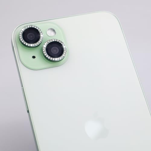 Camera Lens Protector for iPhone 15/15 Plus/14/14 Plus Bling Diamond Metal Ring Rhinestone Tempered Glass Lens Cover Accessories (Green) - color: Green