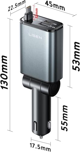 LISEN 72W Retractable Car Charger Ultra-Compact USBC Fast Car Charger - color: 1C Cable-Silver