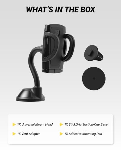Scosche IHW10-SP1 4-in-1 Car Phone Holder Windshield, Dashboard, Vent, Cup Mount with Suction Cup | Dash, Vent or Windshield Mount | Stick Grip Suction Cup Base | Non-Magnetic | Black - size: 1 Pack, style: Window / Dash / Cup / Vent