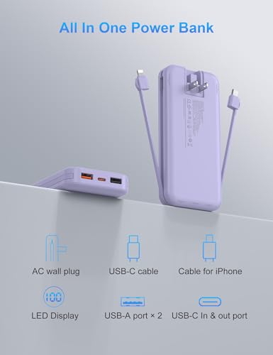 Ffnpua Portable Charger Power Bank 10000mAh PD20W w/Built-in Cables