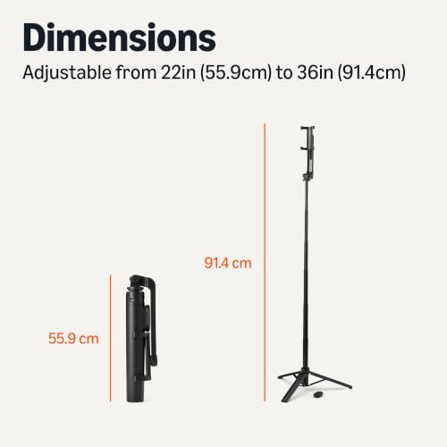 Amazon Basics 36" Portable Selfie Stick Mini Tripod for Phone with Detachable Remote, 360-Degree Rotation, 30-Foot Range, Compatible with iPhone, Samsung, and More, Black - size: 36inch