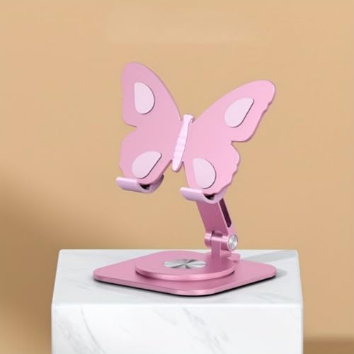 Butterfly Phone Stand for Desk, 360° Rotating Cell Phone Holder, Foldable Desktop Cradle Dock, Height & Angle Adjustable Aluminum Stand Compatible with iPhone, Samsung, Kindle, Pad (Pink)