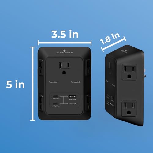 Travel Depot 5-Outlet Wall Outlet Extender with Surge Protector, (Black) - color: Black