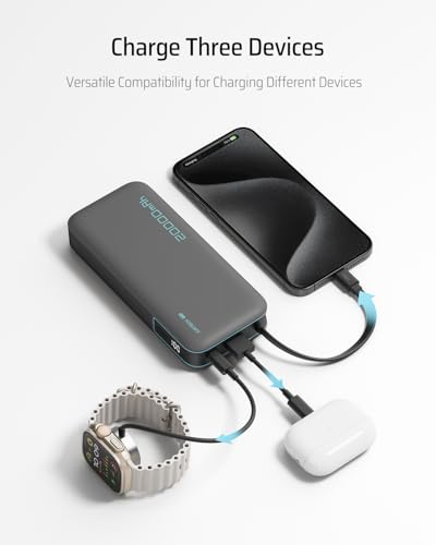 CUKTECH 45W Power Bank 20000mAh, Portable Travel Charger Built-in USB C Cable, Fast Charging Battery Pack for iPhone 17/16/15, iPad, Samsung Galaxy, Google Pixel, Android and More (Gray) - color: PB200N-Gray