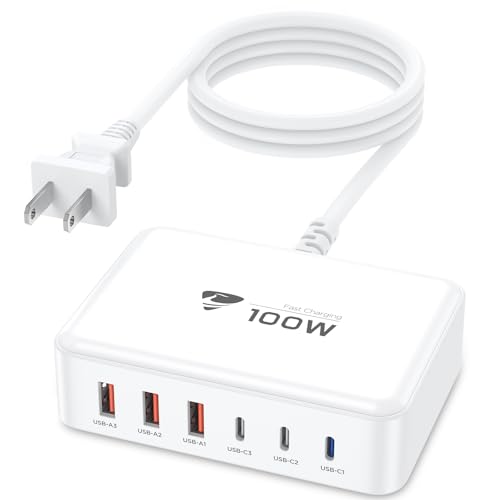 USB C Fast Charger, 100W GaN 6 Port USB C Fast Charging Station Hub Block Cube, QC USB A and PD USB C Wall Charger Power Multiple USB Charger Plug for iPhone 17 16 15 14 13 12 Pro Max, iPad, Samsung