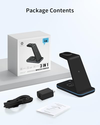 Wireless Charger for iPhone Charging Station: 3 in 1 Phone Charger Stand for iPhone 17/16/15/14/13/12/11/SE/X Pro Max Plus - Apple Watch 11/10/9/Ultra 2/8/SE/7/6/5 - AirPods 4/Pro 2/3 - color: Black