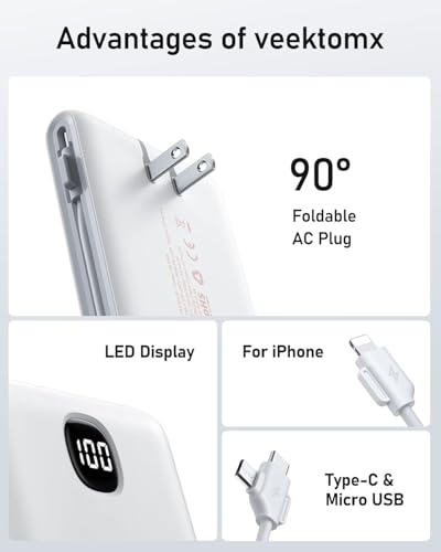 Portable Charger with Wall Plug and Built in Cables, VEEKTOMX 10000 Mah Power Bank, USB C Slim Battery Pack with LED Display Compatible with iPhone 18/17/16/15, Samsung