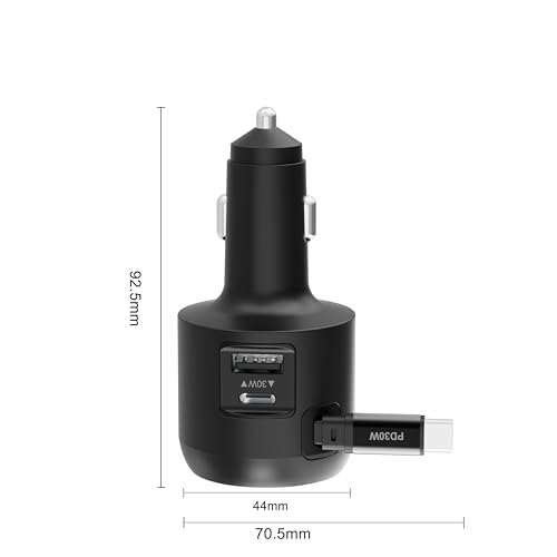 60W Retractable Car Charger, 3-Port USB-C Fast Charging Adapter - color: Black