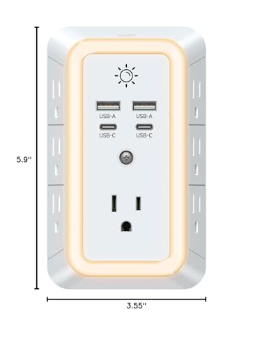 Multi Plug Outlet, USB Wall Charger, Surge Protector, 7 Outlet Extender with 4 USB Charging Ports (2 USB C) 1680J Power Strips Outlets with Night Light, Wall Plug Adapter Spaced for Home Travel Office
