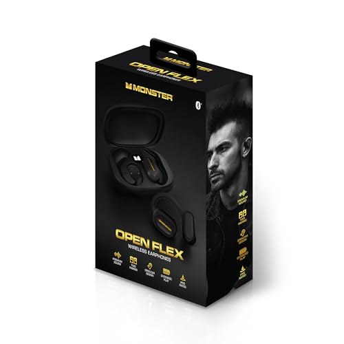 Monster Open Flex Open Ear Wireless Earbuds, Around-Ear Secure Fit Bluetooth Headphones, Earhook Design, Stay Aware While Listening, IPX5 Waterproof, Built-in Mic, Charging Case