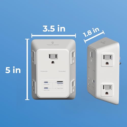Travel Depot 5-Outlet Wall Outlet Extender with Surge Protector, (White) - color: White