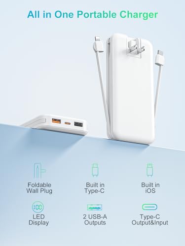 citicr Portable Charger 10000mAh PD20W w/Built-in Cables & Wall Plug White - color: White