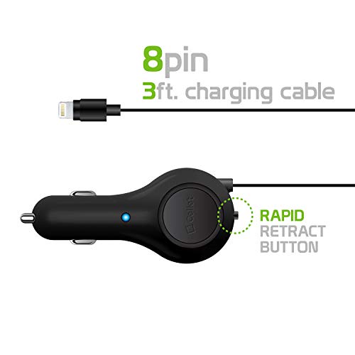Cellet Retractable iPhone Car Charger with Lighting Cable (Apple MFI Certified) 10-Watt Compatible with iPhone 14 Pro Max Plus mini SE 13 12 11 Xr Xs X 8 7 6 5 iPad, iPad Pro, iPad Air, iPad mini - color: 10 Watt Lighting