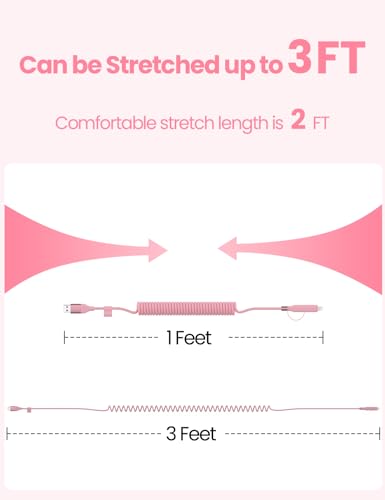 Pink Coiled Car Charging Cable 2-in-1 (USB-C & Lightning), 3FT Cute Car Accessories for iPhone 17/16/15, Samsung Galaxy — Supports Apple CarPlay & Android Auto - color: Pink