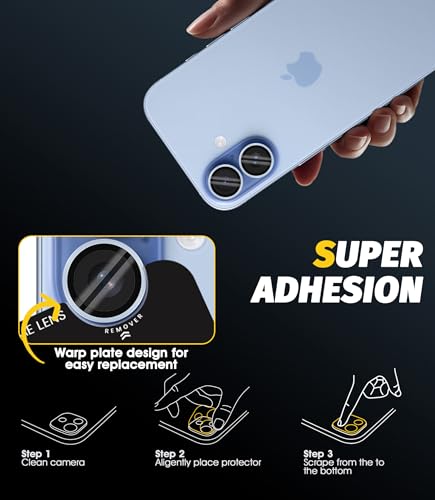 Orzero (3 Sets) Camera Lens Protector Compatible for iPhone 17 6.3"/16 6.1”/16 Plus 6.7“, Protector de Cámera One-Step Installation Tray Individual Metal Ring Glass Cover Case Friendly - Light Blue
