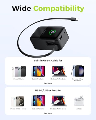 CHARCO Portable Charger Power Bank 10000mAh, 45W Retractable USB‑C Cable