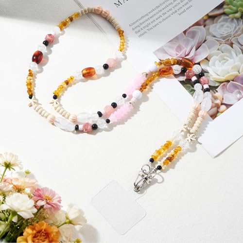 WOZEAH Crystal Cell Phone Lanyard Crossbody Strap for Women, Beaded Phone Strap for Cellphone Case with Tether Tab - color: Brown Starfish Stone