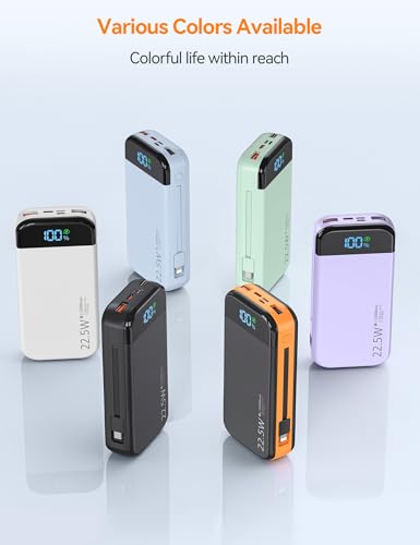 Phone Battery Bank 32000mAh 22.5W w/Built-in Cables & USB C Fast Charging - color: Orange