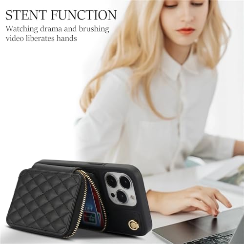 Phone Case for iPhone 14 Pro 6.1 inch Wallet Cell Cover with Tempered Glass Screen Protector Wrist Crossbody Strap RFID Blocking Card Holder iPhone14Pro 5G i i-Phone i14 iPhone14 4 14Pro Women Black - color: Black