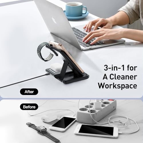 3-in-1 Wireless Fast Charging Station Foldable Stand Compact Design for Phones, Watches and Earbuds for Home Office Travel-Black - color: Black