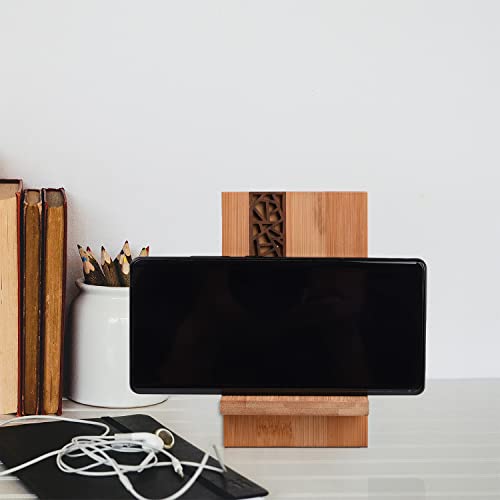 Mobile Stand Japanese Style Cellphone Holder Desktop Organizer Charging Station Compatible with All Smartphones Tablets Natural Bamboo Wood Portable Adjustable Angle (Pattern-NO Hole) - style: PATTERN-NO HOLE