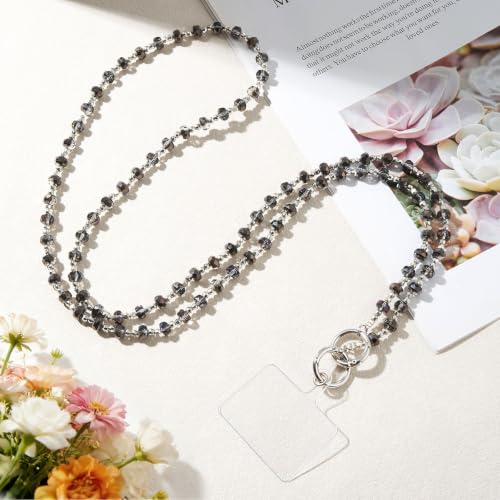 WOZEAH Crystal Cell Phone Lanyard Crossbody Strap for Women, Beaded Phone Strap for Cellphone Case with Tether Tab - color: Grey Square Crystal