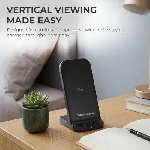 OTM Essentials Wireless Charging Stand for Smartphones, Foldable Phone Charger Dock with USB-A Connection, Charging Station with Adjustable Viewing Angle for Desk & Nightstand, Office Desk Accessories