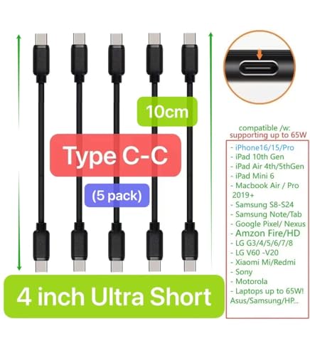 4-inch USB C-C Cables, 5 Pack, for iPhone17/16/15/iPad 10th Gen/iPad mini 6th, iPadAir 4th/5th, Galaxy S26/S25/S24/S23/S22/S21/S20/S10/S9/S8, Tablets, etc. (Black, 4-inch) - color: Black