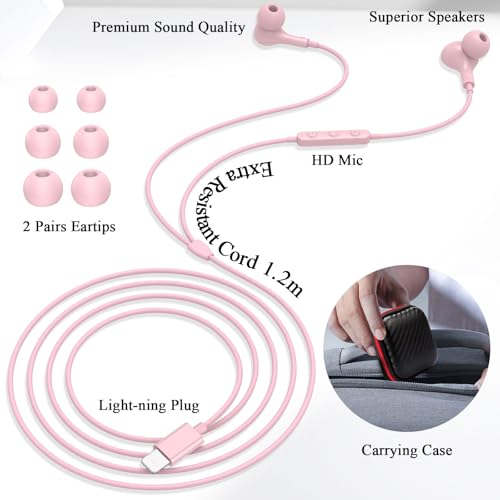 ACANDYA MFi-Certified Lighting Earbuds for iPhone 14 13 12 11 Pro Max Pink - color: Pink