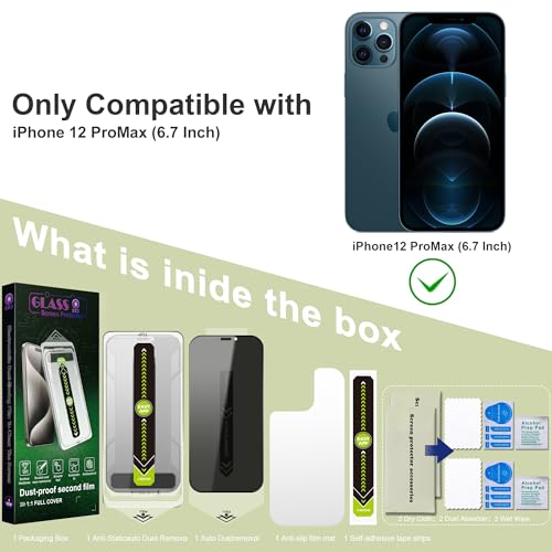 2 Pack Anti-Spy Privacy Screen Protector for iPhone 12 Pro Max(6.7-Inch),9H Tempered Glass,Full Coverage,Anti-Fingerprint,Auto Dust Removal,Bubble-Free,Easy Installation