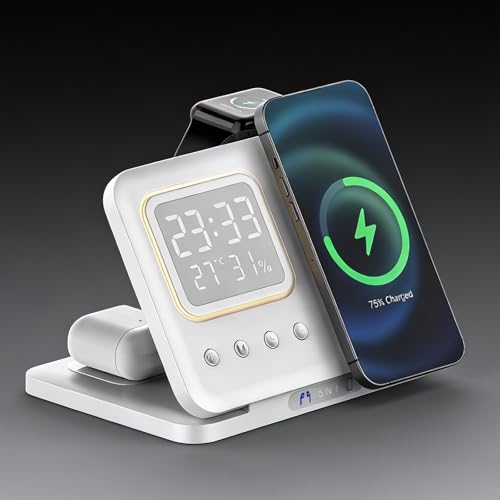 5-in-1 Wireless Charger Station,15W Fast Charging Wireless Charging Stand with Clock,Temperature&Humidity Display,Foldable Travel Charging Dock for Smartphones,Watches&Earbuds,D15 White. - color: Wireless Charger Alarm Clock D15 White
