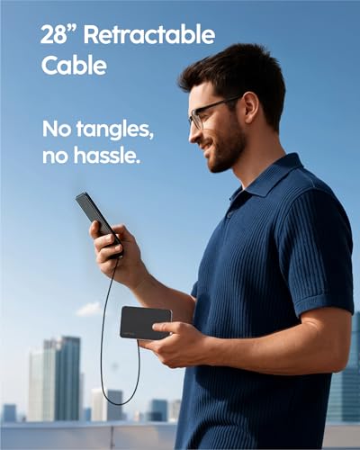myCharge RetractaCharger 5000mAh Portable Charger Power Bank with 28-Inch Retractable USB-C Cable | Premium Fabric | Built-in Wall Plug | Digital Display