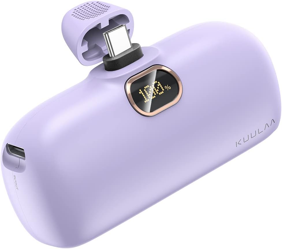 Kuulaa Portable Charger USB C with Built-in USB-C Plug, 5000mAh PD20W Fast Charging Power Bank, LCD Digital Display Battery Pack for iPhone 15/16/17,Samsung S22/S23 & Android (Purple) - color: Purple