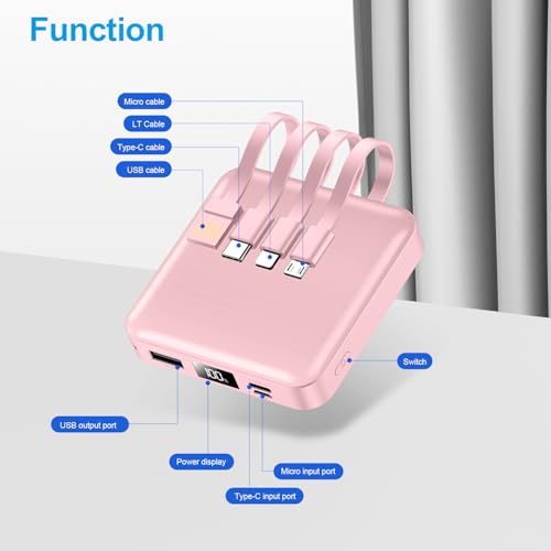 ummz Mini Portable Charger with Built-in 4 Cables,12000mAh Small Power Bank - color: pink