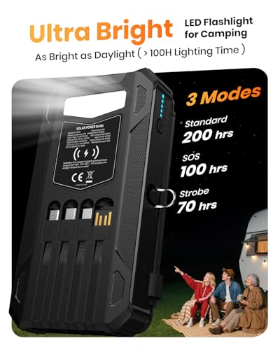 Solar Power Bank 48000mAh Built in 4 Cables, Wireless Portable Charger - color: Deep black