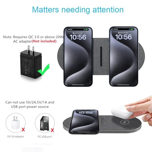 40W Wireless Charging Pad, Dual 20W Fast Wireless Charging Mat for iPhone 16 15 14 13 12 11/Pro/Pro Max/SE/X/XS,Apple Airpods 4/3/Pro,15W Wireless Charger Station for Samsung Galaxy/Note/Bud+ - color: Gray_20W