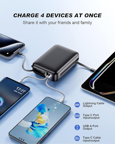 Portable Charger 50000mAh, 22.5W Fast Charge Power Bank Built-in 2 Cables