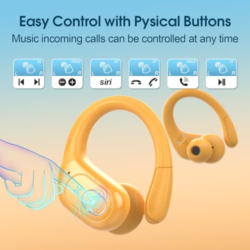 Wireless Earbuds 75H Bluetooth 5.4 Sport Headphones with Earhooks, Yellow - color: Yellow
