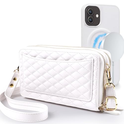 Harryshell Compatible with iPhone 17 Case Wallet Multi Zipper Detachable Removable Cover Purse with RFID Blocking Card Slots Holder Mirror Crossbody Strap (Compatible with Magsafe - White) - color: Compatible with Magsafe - White, size: iPhone 17